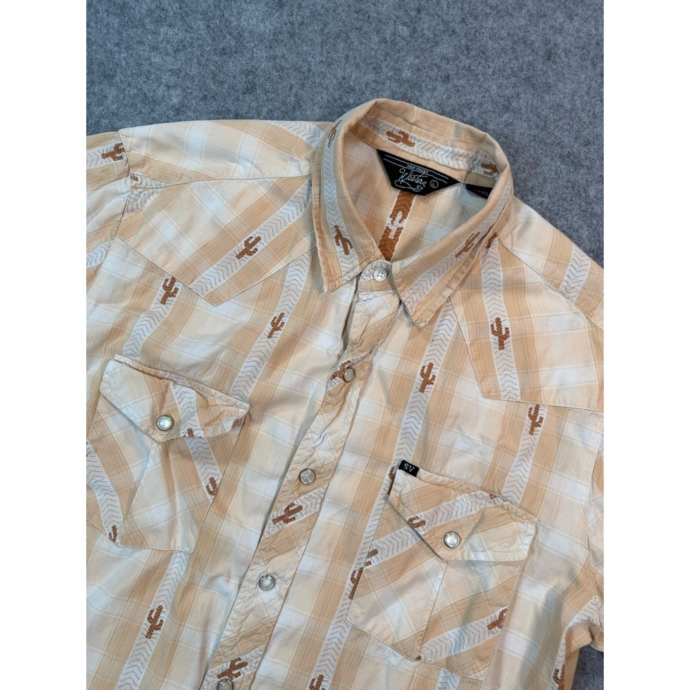 Salt‎ Valley Western Mens Large Short Sleeve Plaid Cactus Pearl Snap Shirt Tan